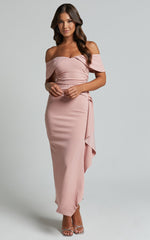 Cleo Midi Dress - Off The Shoulder Ruffle Split Dress in Blush