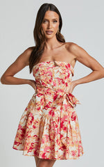 Amalie The Label - Simmona Linen Blend Strapless Tie Waist Mini Dress in Sienna Print