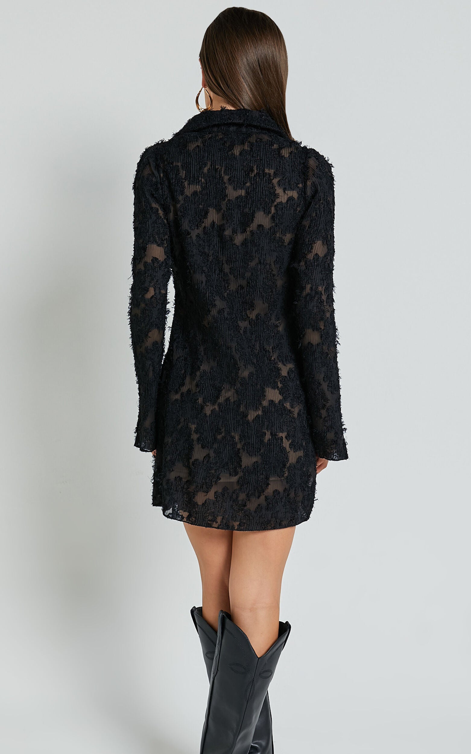 Ava Mini Dress - Long Sleeve Fitted Clipped Jacquard Dress in Black