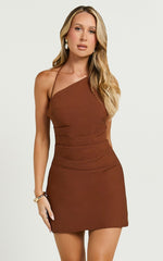 Alycia Mini Dress - Asymmetric Neck Strapped Back Bias Dress in Chocolate