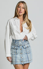 Gennlee Mini Skirt - Cotton Contrast Denim Skirt in Light Wash Blue