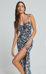 Ely Midi Dress - Strappy Ruched Bust Side Split Dress in Navy Floral