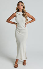 Jessenia Midi Dress - Linen High Neck Dress in Natural