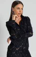 Ava Mini Dress - Long Sleeve Fitted Clipped Jacquard Dress in Black