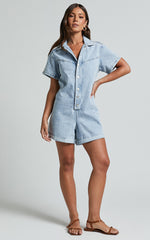 Reid Playsuit - Button Through Denim Playsuit in Light Blue Wash