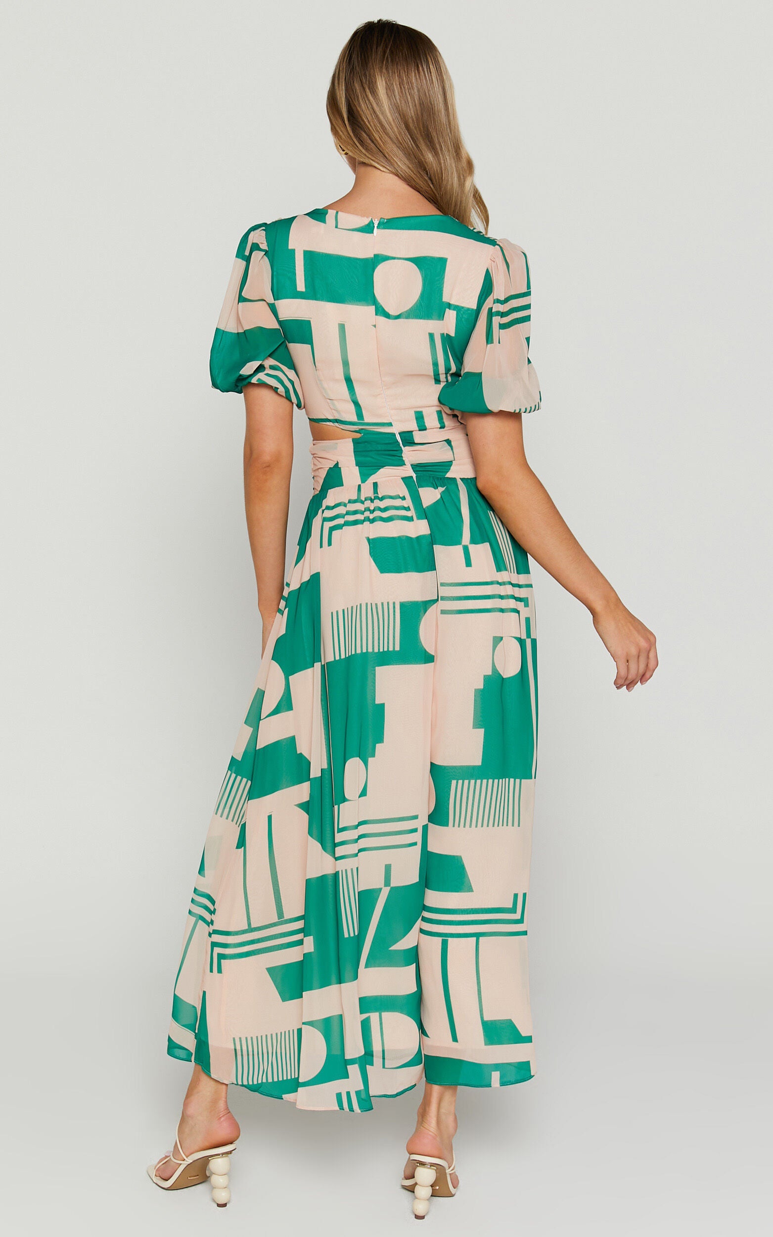 Lindey Midi Dress - Side Cut Plunge Neck Puff Sleeve Dress in Green and Cream Geo