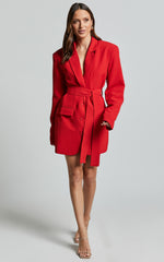 Denali Mini Dress - Tie Waist Blazer Dress in Ruby Red