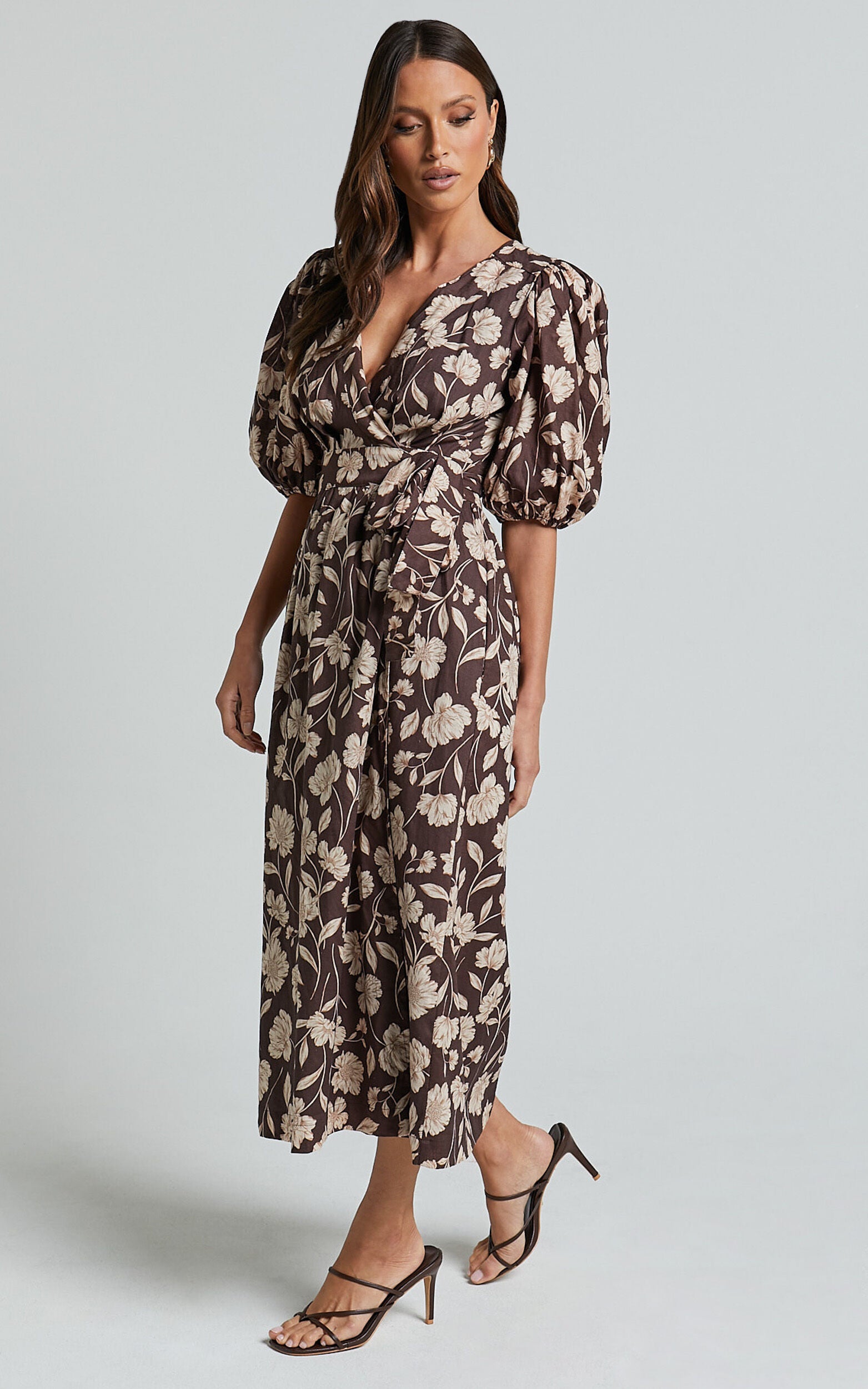 Amalie The Label - Francie Linen Blend Puff Sleeve Wrap Midi Dress in Sahara Print