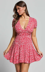 Bettina Mini Dress - Short Sleeve Dress in Red Floral