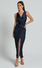 Mariah Maxi Dress - Twist Detail Wrap Hem Satin Dress in Midnight Blue