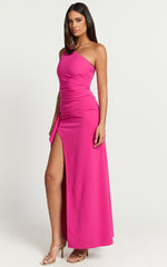 Marge Maxi Dress - One Shoulder Ruched Thigh Split Dress in Hot Pink