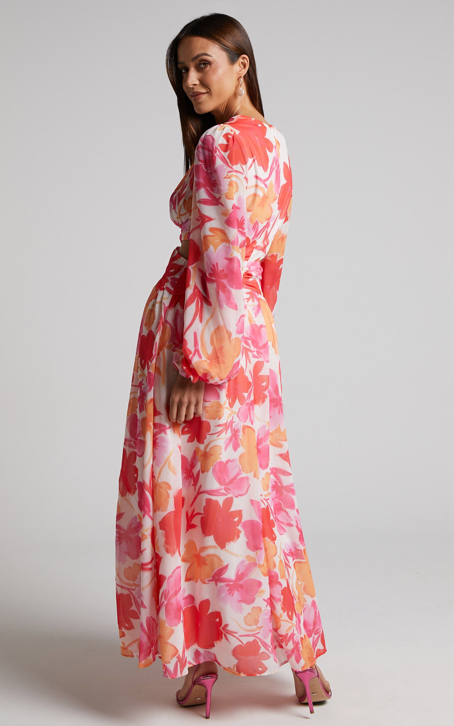 Emilee Midi Dress - Side Cut Out Long Sleeve Plunge Dress in Pink Floral