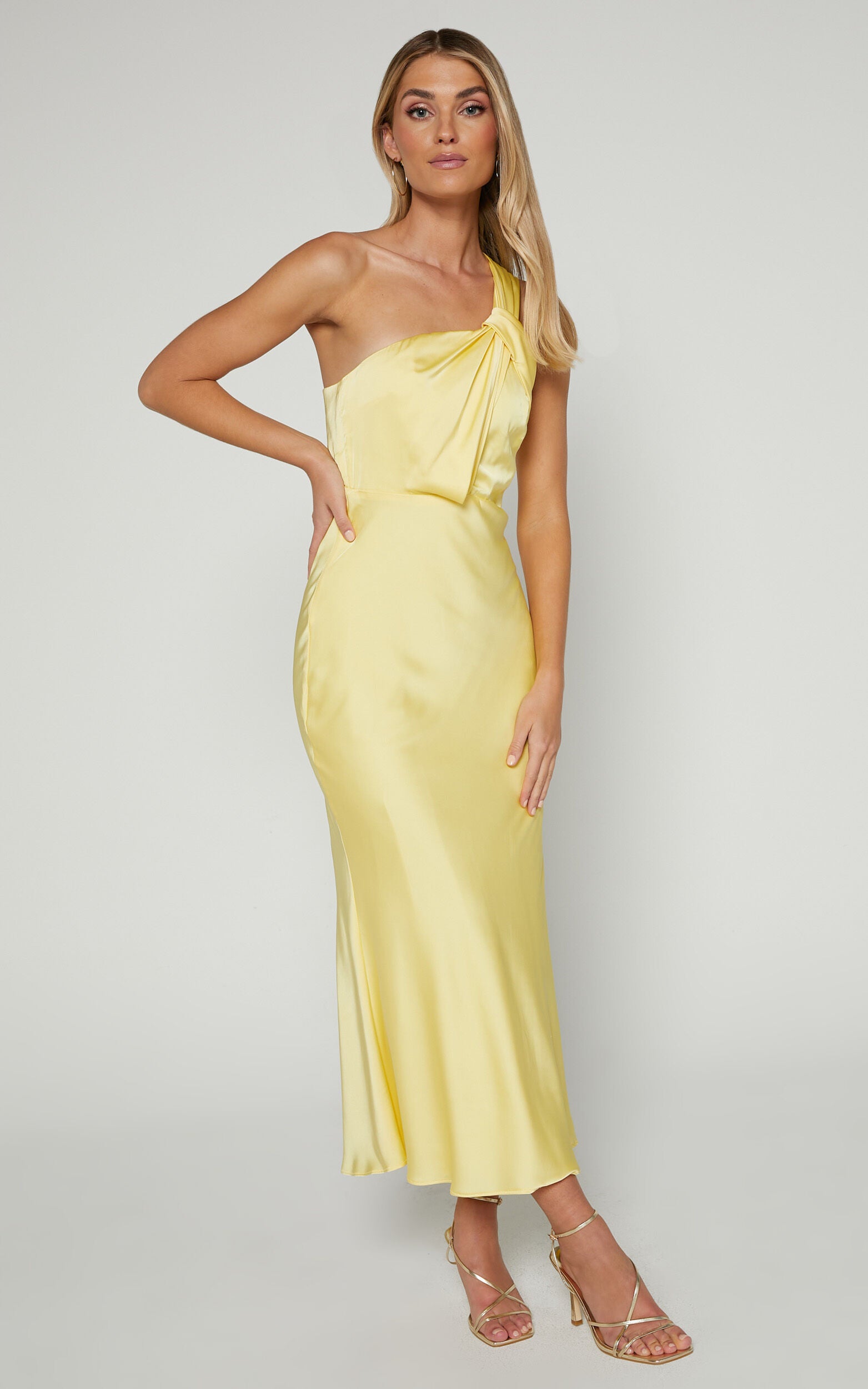 Carmella Midi Dress - One Shoulder Twist Detail Dress in Butter Yellow