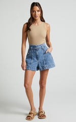 Kayla Shorts - High Waisted A Line Denim Shorts in Mid Blue Wash