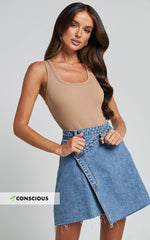 Rihanna Skirt - High Waisted Asymmetrical Denim Skirt in Mid Blue Wash