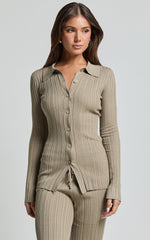 Kelsey Top - Button Through Long Sleeve Knitted Top in Taupe