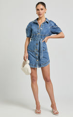 Cannes Mini Dress - Button Through Belted Recycled Denim Dress in Mid Blue Wash