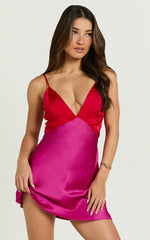 Quincy Mini Dress - Contrast Panel Satin Slip Dress in Red/Pink