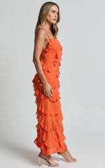 Arnie Midi Dress - Strapless Ruffle Detail Slip Dress in Orange