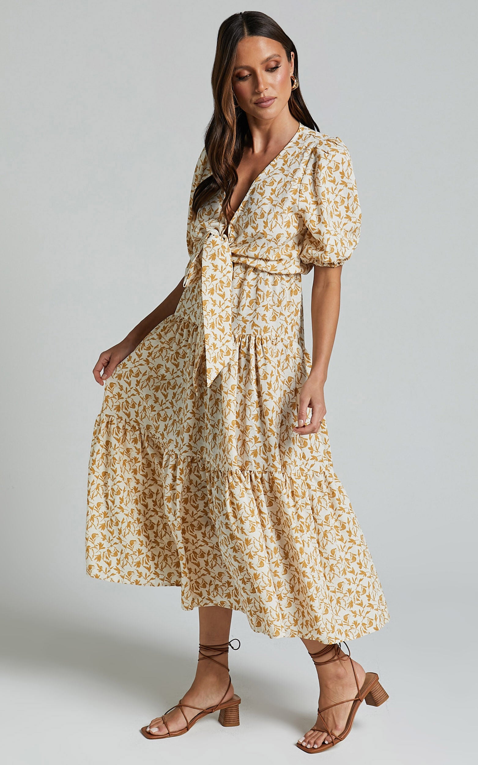 Alena Midi Dress - Short Puff Sleeve Tie Front Tiered Dress in Golden Floral