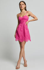 Layne Mini Dress - Strappy Cut Out Embroidered Dress in Pink