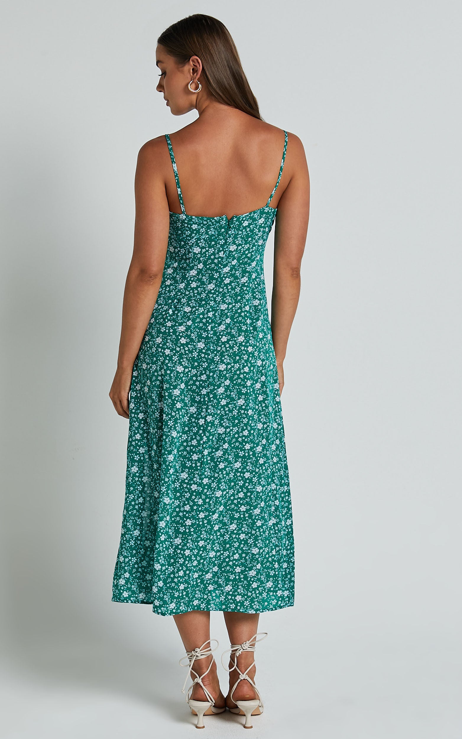 Willa Midi Dress - Ruched Bust Thigh Split Dress in Green Floral
