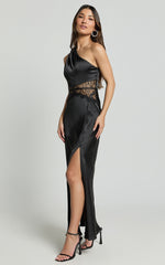 Estella Midi Dress - Asymmetrical Lace Detail Waist Slip Dress in Black