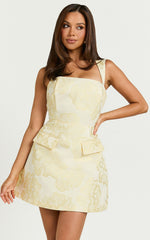 Kyra Mini Dress - Square Neck Open Back Jacquard Mini Dress in Lemon