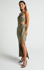 Jaylani Midi Dress - One Shoulder Thigh Split Gathered Satin Dress in Dark Olive