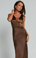 Melodie Midi Dress - V Neck Satin Slip Dress in Chocolate