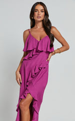 Pearline Midi Dress - Linen Frill Detail Thigh Split Slip Dress in Grape