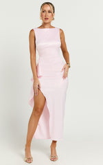 Rexa Midi Dress - Open Back Satin Midi Dress with Ruffle Detail in Pink