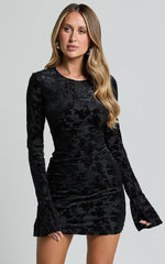 Paula Mini Dress - Burnout Flounce Sleeve Bodycon Dress in Black