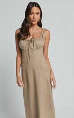 Lucas Midi Dress - Ruched Bust Linen Dress in Tobacco