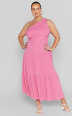 Celestia Midi Dress - Tiered One Shoulder Dress in Bright Pink