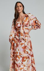 Amalie The Label - Chevonne Linen Blend Tie Front Puff Sleeve Maxi Dress in Baku Print