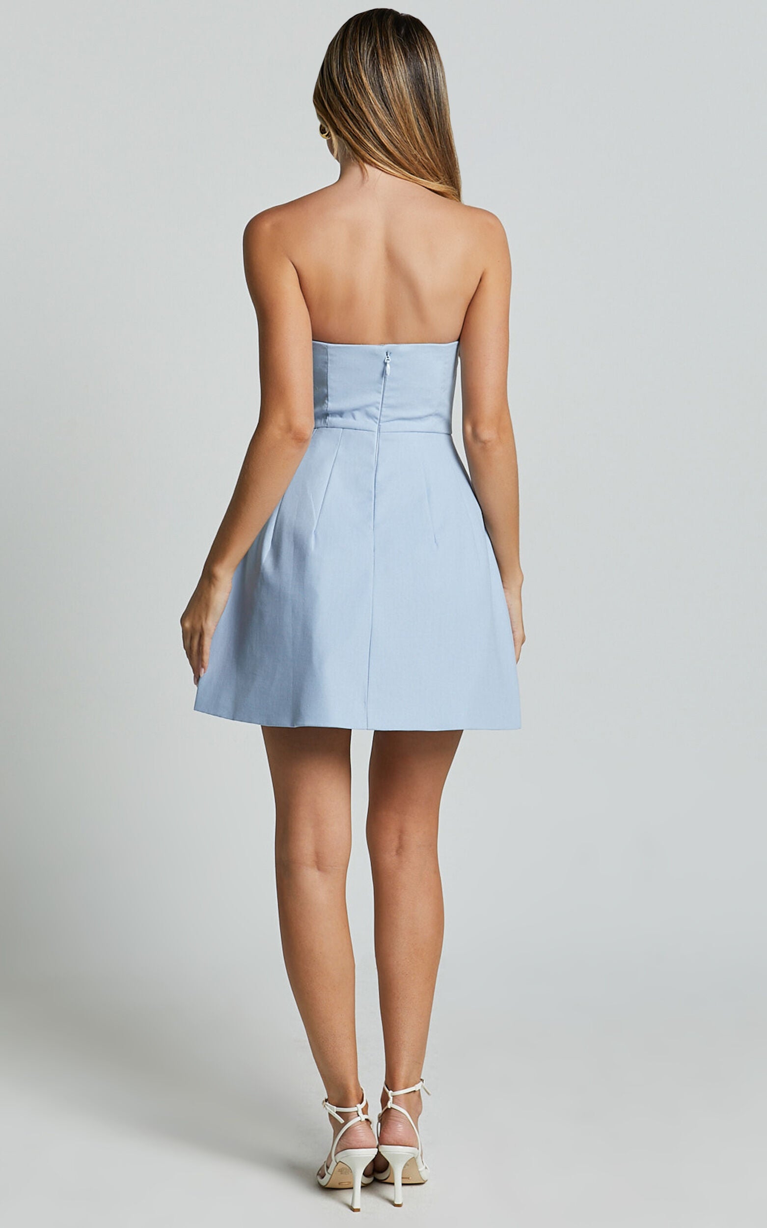 Chika Mini Dress - Linen Strapless Front Bow Dress in Pale Blue