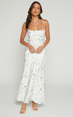 Shierina Midi Linen Dress - Sweetheart Neck Line Sleeveless Dress in White Floral