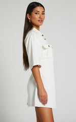 Leilani Mini Dress - Denim Short Sleeve Button Up Dress in ECRU