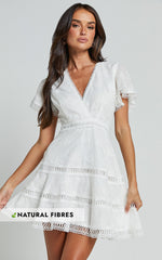 Ariana Mini Dress - V Neck Flutter Sleeve A Line in White