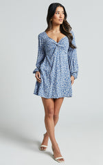Ellison Mini Dress - 3/4 Sleeve Twist Bodice Dress in Blue Floral