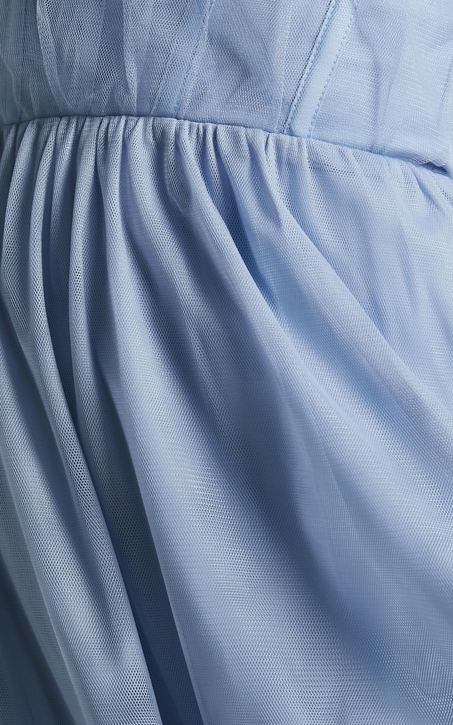 Ontario Maxi Dress - Off Shoulder Corset Bodice Tulle Dress in Light Blue