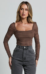 Casen Bodysuit - Long Sleeve Ruched Mesh Bodysuit in Chocolate
