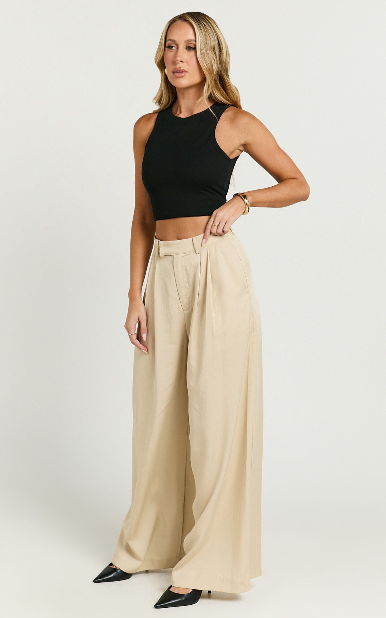 Clarke Pants - High Waist Wide Leg Pants in Stone