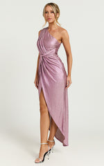 Davie Midi Dress - Metallic One Shoulder Front Wrap Dress in Soft Pink