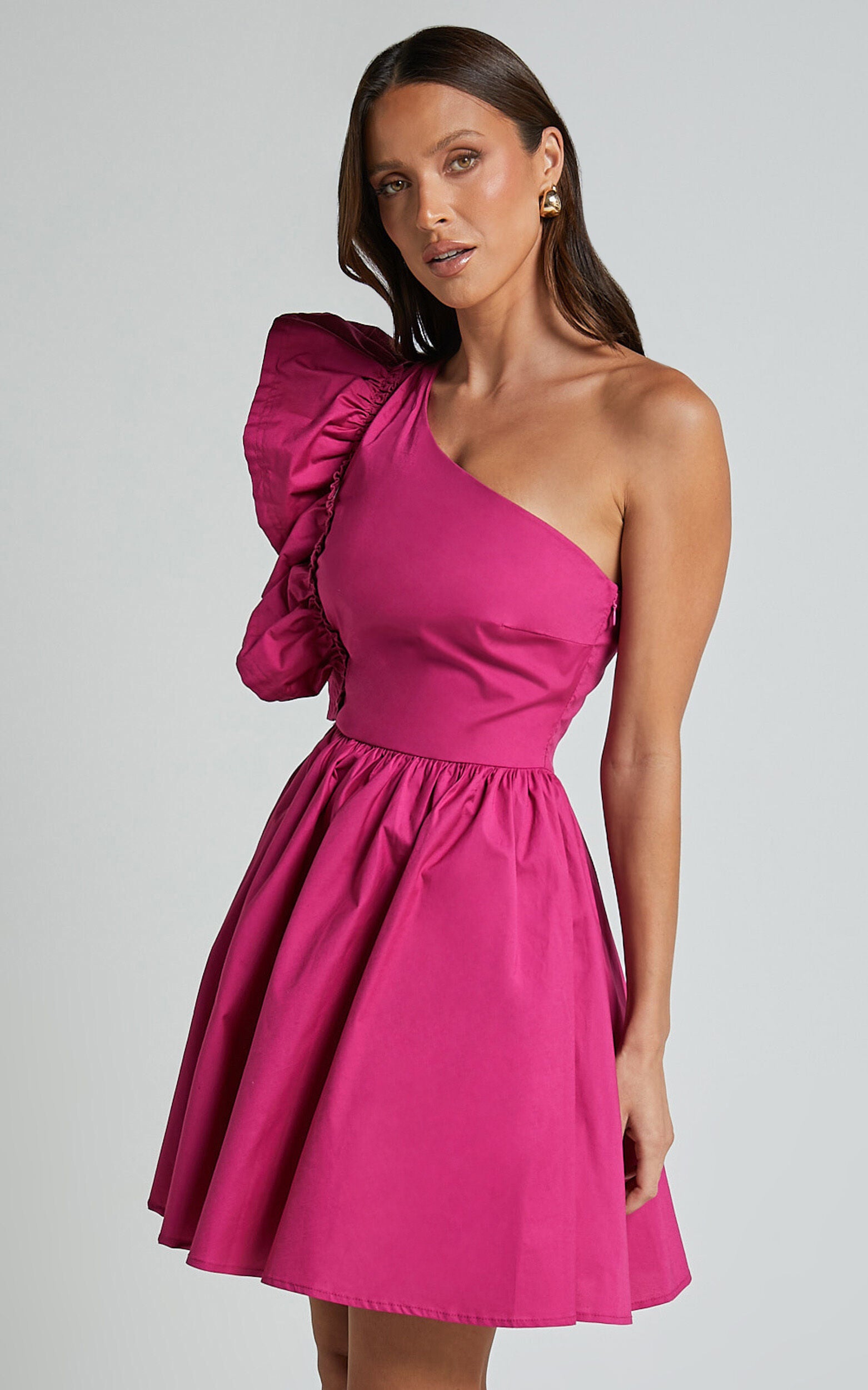 Brodie Mini Dress - One Shoulder Frill Dress in Raspberry