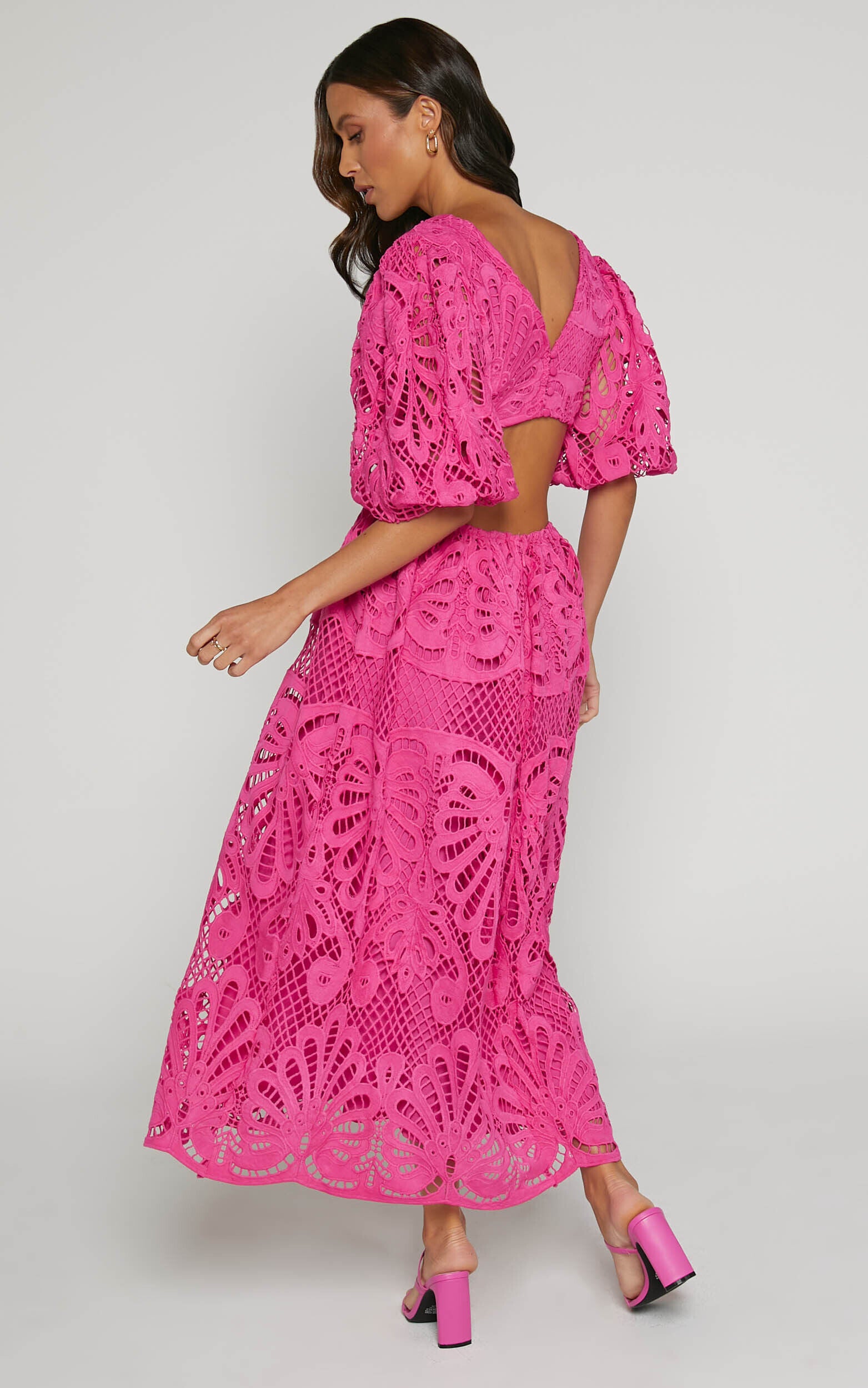 Anieshaya Midi Dress - V Neck Cut Out Lace Dress in Pink