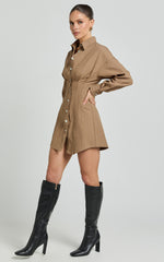 Sofia Mini Dress - Button Through Long Sleeve Dress in Mocha