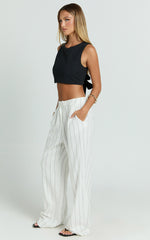Trixie Pants - High Waist Linen Look Stripe Tailored Pants in Off White