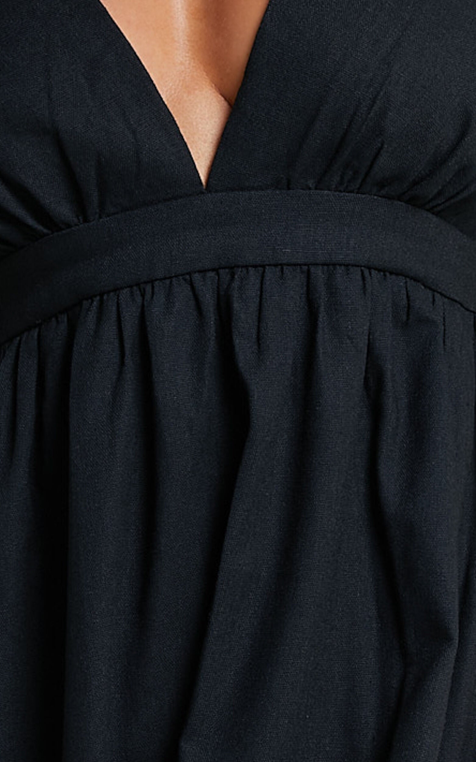 Eidie Midi Dress - Linen Puff Sleeve Open Tie Back Flare Dress in Black